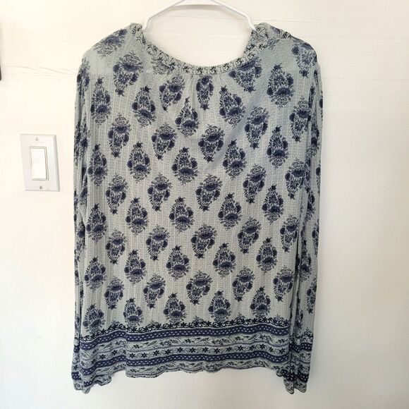 LUCKY BRAND Floral Shirt XL Blue Purple Gray Linen Blend Long Sleeve V-Neck Boho - Picture 7 of 8